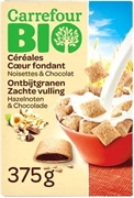 CARREFOUR BIO CÉRÉALES POUR PETIT-DÉJEUNER AVEC GARNITURE AUX NOISETTES ET AU CHOCOLAT, ISSUE DE L'AGRICULTURE BIOLOGIQUE.